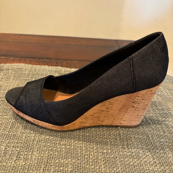 Toms Black Denim Stella Peep-Toe Cork Wedge Heels - Picture 10 of 13